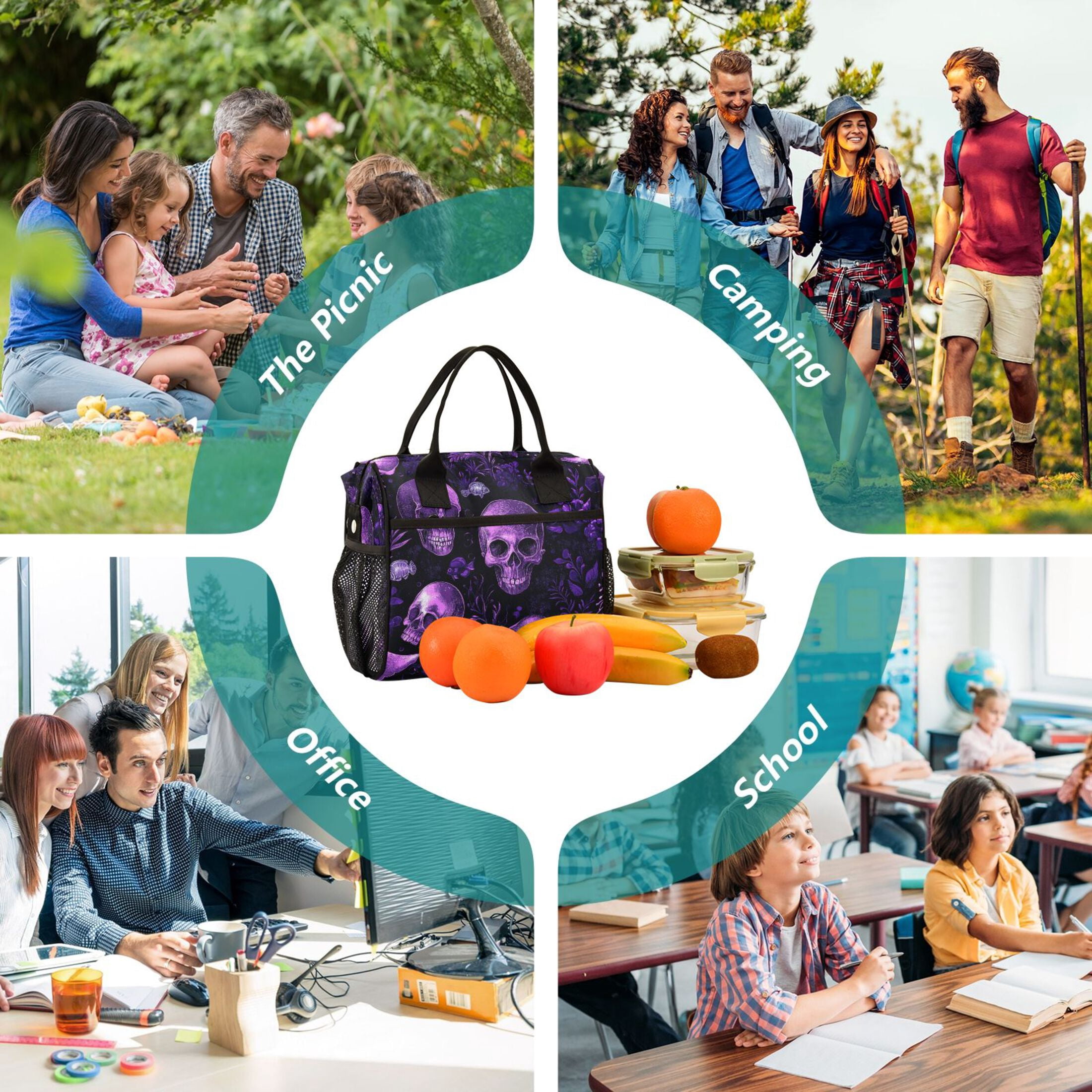 WOBOGO Skulls Jellyfish Purple Pattern Lunch Bag Large Capacity Leak Proof Insulation Soft Adult Men and Women Universal 11.8×11.4×6.2in