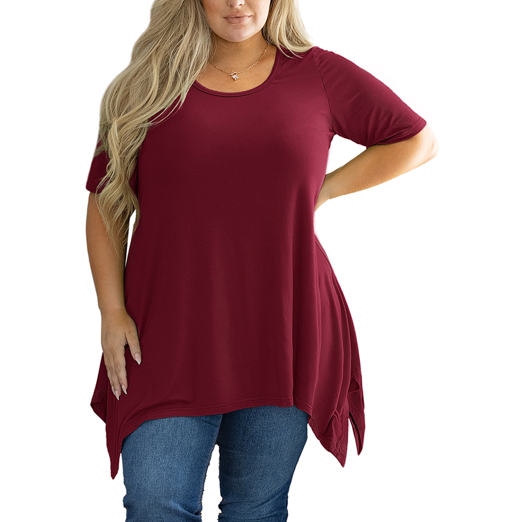 SHOWMALL Plus Size Tunic Tops for Women Clothes Short Sleeve Burgundy 2X Summer Blouse Swing Tee Crewneck Clothing Flowy Shirt for Leggings