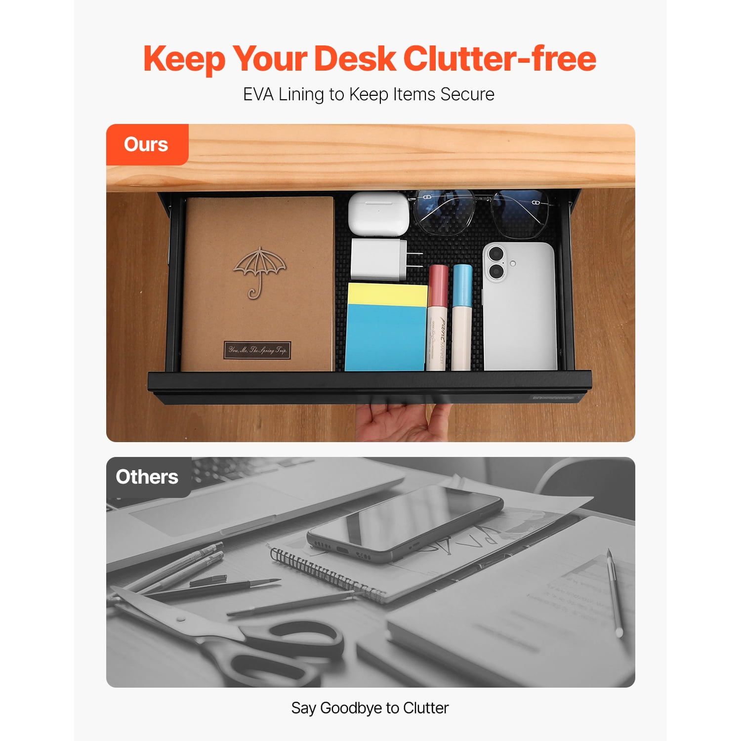 KFFKFF 16" Broad Under-Desk Drawer Glide, Under-Desk Fixated Slide-In Drawer Accessory, Concealed Tabletop Storage Solution, Under-Table Pen Holder for Home Office Sit-Stand Workspace, 17x9x4 in