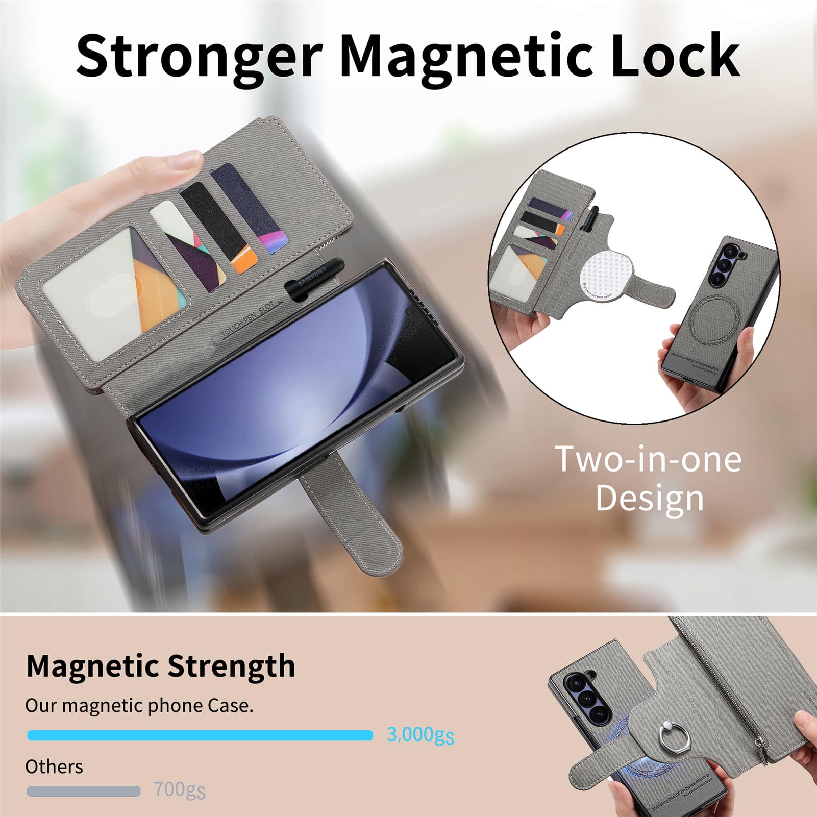 For Samsung Galaxy Z Fold 6 Phone Case,2-in-1 Magnetic Detachable Flip,Flip Folding Kickstand,With Card Slots,Zipper Pocket,Ring Holder,Fit Wireless charging,Shockproof Phone Case,Gray