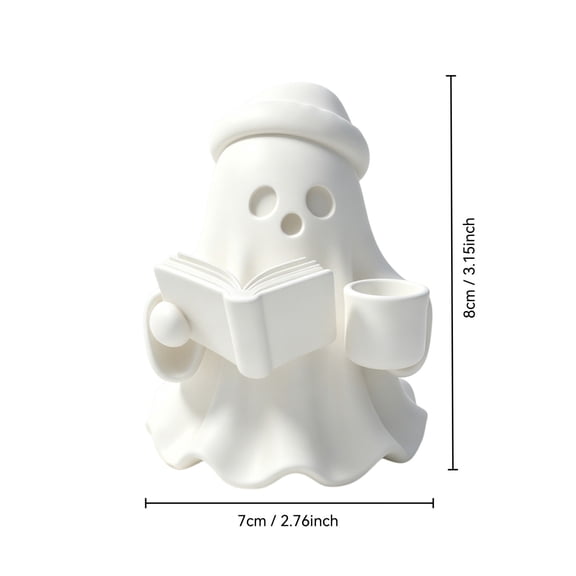 WWLQHUI Halloween Ghost Figurine,Cute Reading Book & Coffee Statue 3.15in Resin Ornament for Home Desk Shelf Decor