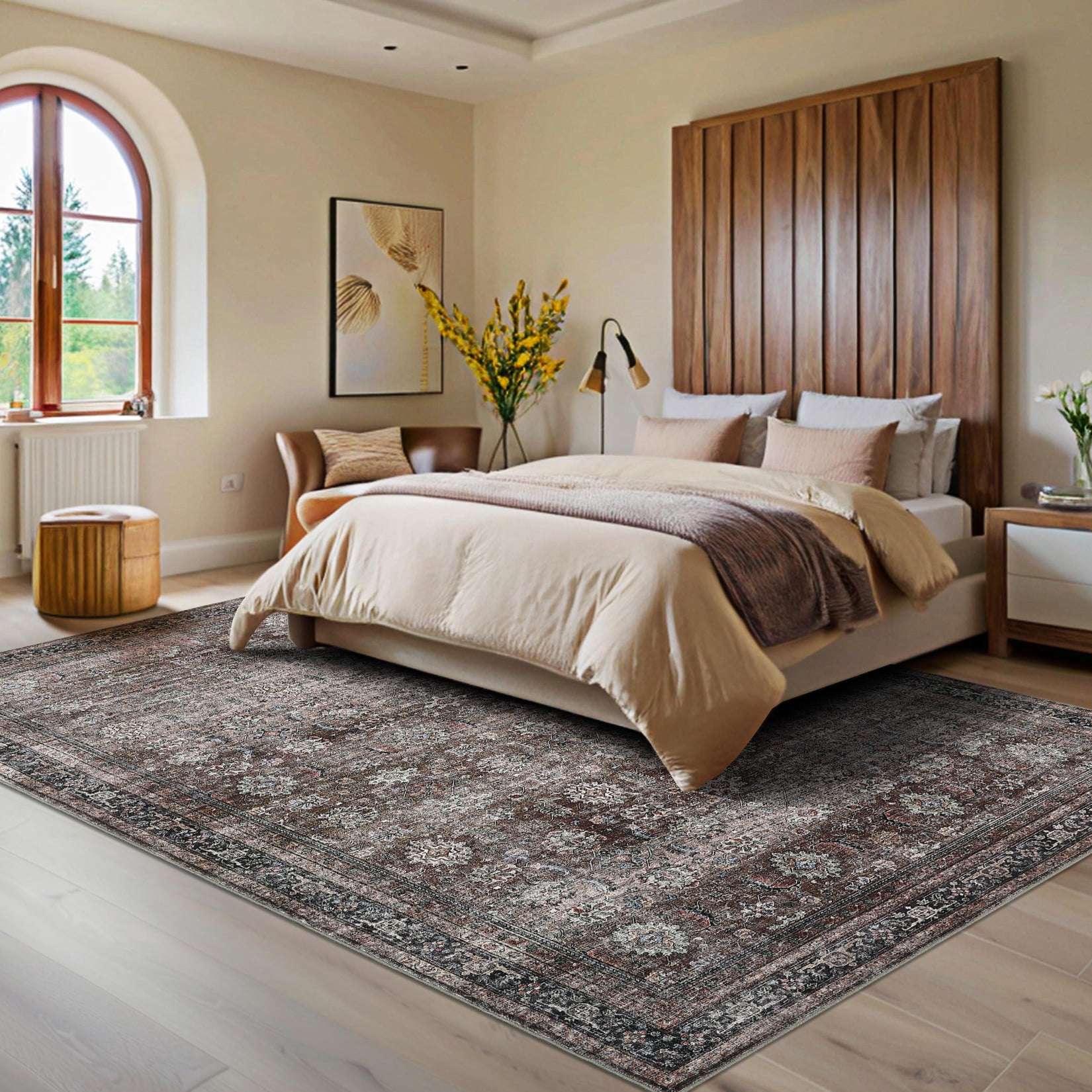 Haperlare 10x13 Vintage Printed Area Rugs Washable Accent Rugs, Non Slip Stain-Resistant Oriental Floor Carpet Farmhouse Low Pile Rugs for Living Room Bedroom Office, Brown