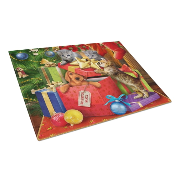 Caroline's Treasures Kittens Return Puppy to Santa Claus Glass Cutting Board Large
