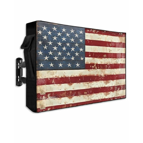 American Flag Outdoor TV Cover 30 to 32 Inch Weatherproof, Vintage Blue Red USA Flag Retro 600D Oxford TV Covers with Waterproof Zipper, Outside Flat TV Screen Protector Size 30"W x 19"H x 4.5"D
