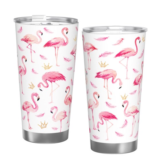 20oz Flamingo Pattern Car Tumbler 20oz Insulated Travel Cup Large Capacity Coffee Cup Pink Flamingo Feather Design Gift for Women Men Birthday Holiday Gift with Single Silver Rim