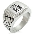 thumbnail image 1 of Stainless Steel Ishida Samurai Crest Geometric Pattern Step-Down Biker Style Polished Ring, 1 of 1