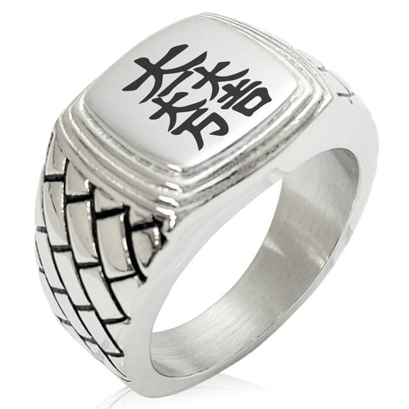 Stainless Steel Ishida Samurai Crest Geometric Pattern Step-Down Biker Style Polished Ring