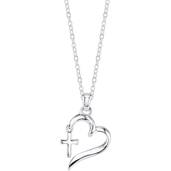 Amy and Annette 18K White Gold Plated Cross and Heart Pendant Necklace