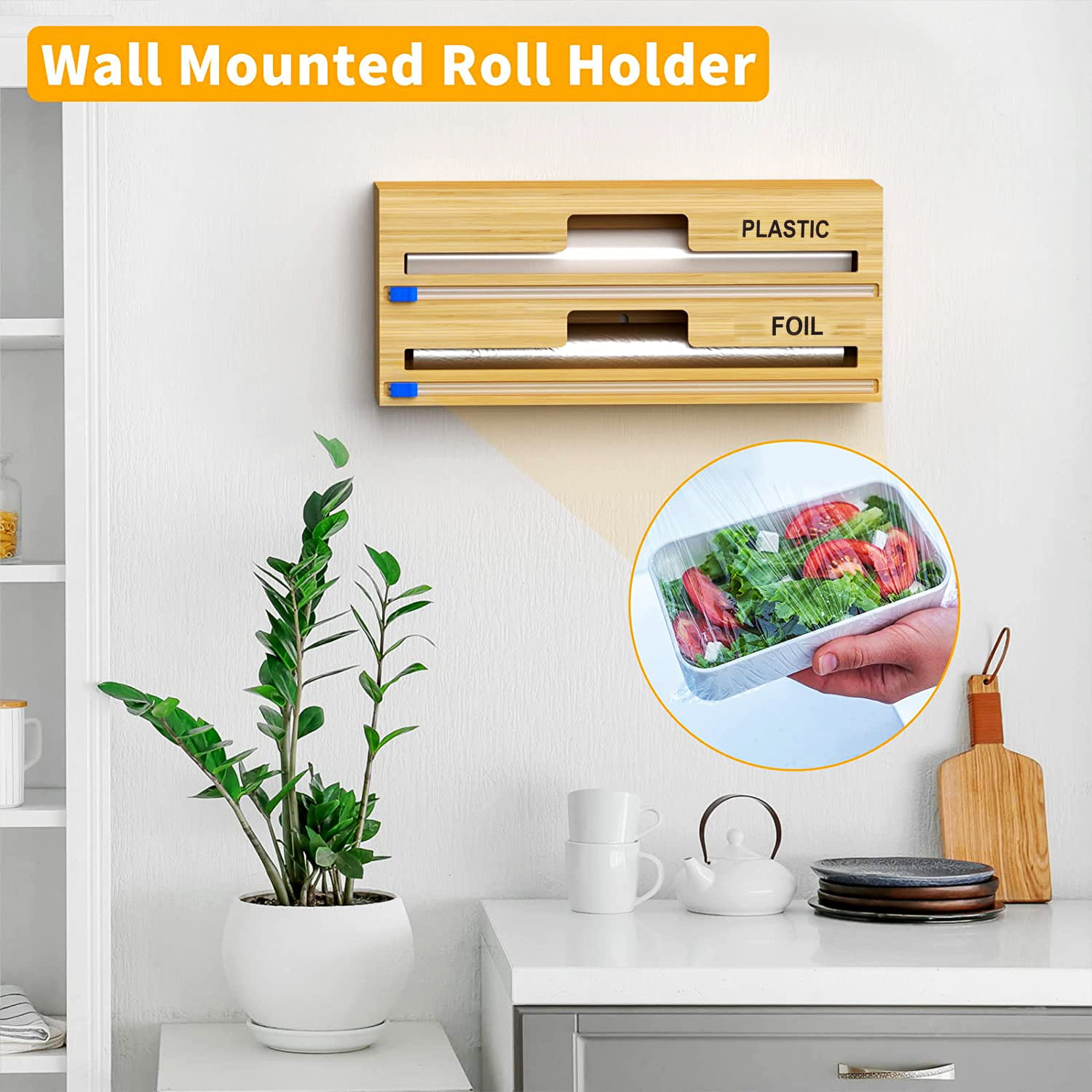Plastic Wrap Dispenser with Cutter, 3 in 1 Bamboo Plastic Wrap Foil and Wax  Paper Organizer and Dispenser for Kitchen Drawer, Wall Mount Holder (3  Slots) 