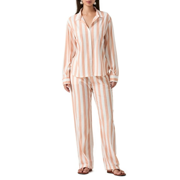 Michellecmm Women 2 Piece Pajamas Set Striped Print Button Shirt and Elastic Pants