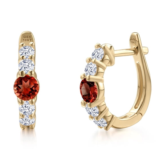 Gem Stone King 10K Yellow Gold Red Garnet Hoop Earrings for Women | 1.14 Cttw | Gemstone January Birthstone | Round 4MM