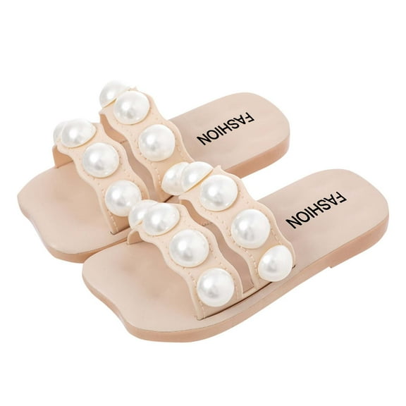 purcolt Toddler Girls Pearls Slippers Open Toe Flat Sandals Non-Slip Indoor & Outdoor Slides Princess Dress Wedding Shoes Summer Beach Slippers