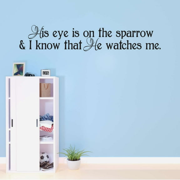Children His eye is on the Sparrow Inspirational Quotes & Sayings Wall Decal Decoration Religious Bible Verse Vinyl Wall Decal Lasts Years and Easily Removable - Size: 20 In(W) x 4 In(H)