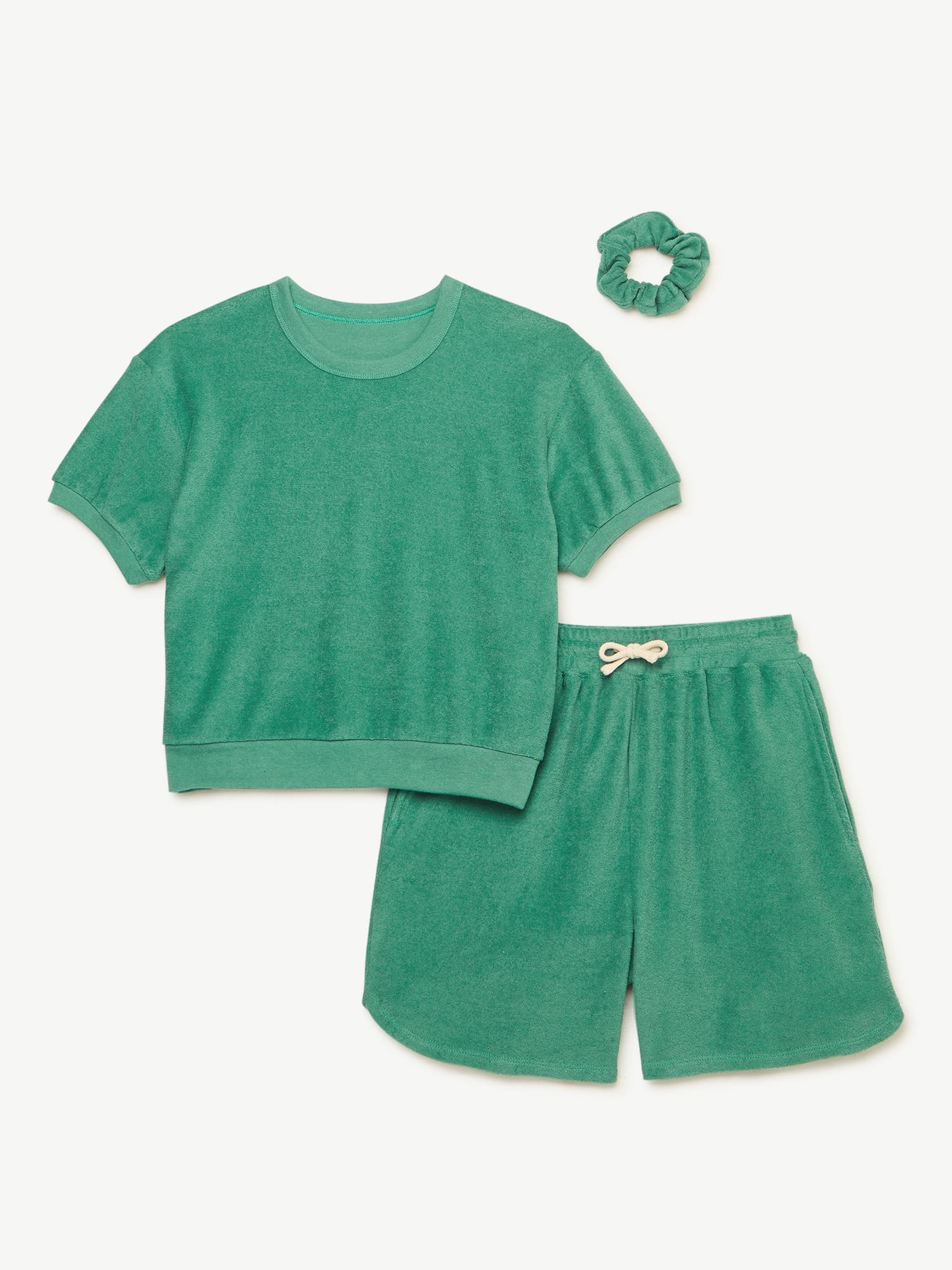 Free Assembly Girls Slouchy Terrycloth Cropped Tee and Shorts, 2-Piece Set, Sizes 4-18