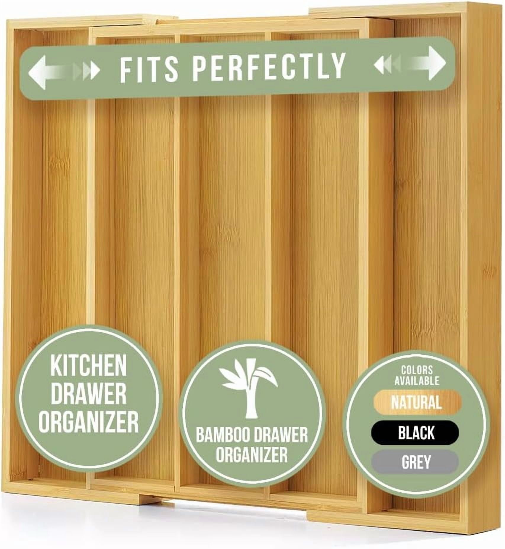 Expandable Bamboo Kitchen Drawer Organizer with 3-5 Slots for Utensils, Cutlery, and Flatware