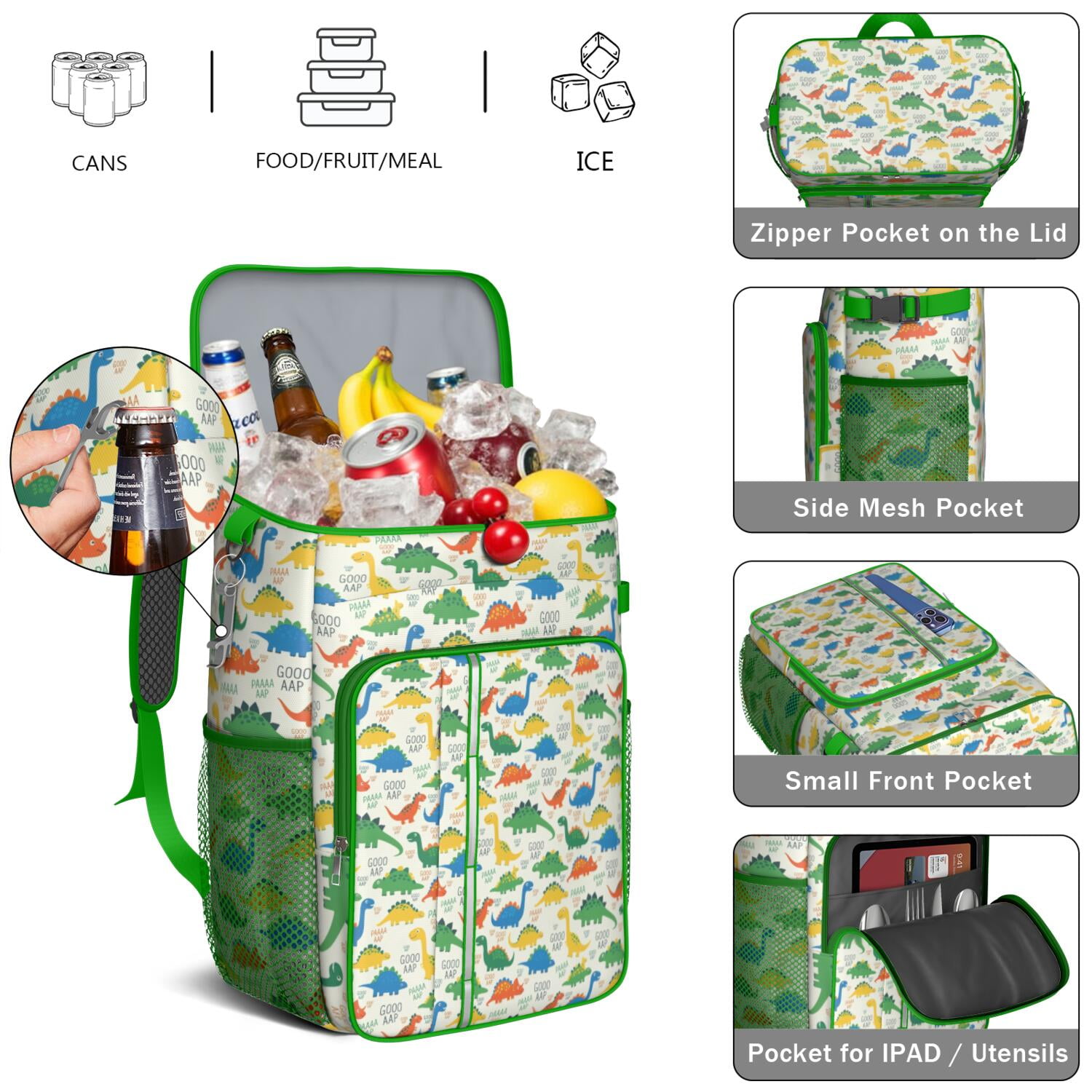 Travel Cooler Bag - LightColor Cartoon Dinosaurs Pattern Camping Beer Cooler Backpack with Bottle Opener- Waterproof Insulated Picnic Backpacks - Cooler Bag for Beach