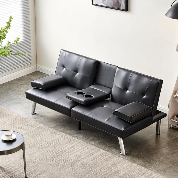 Convertible Folding Futon Sofa Bed with 2 Cup Holders, Black
