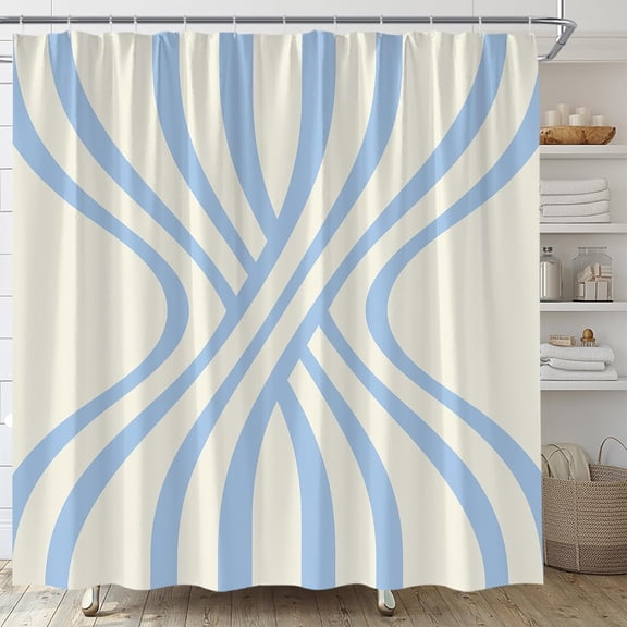 Blue Beige Shower Curtain, Mid Century Modern Abstract Striped Waterproof Bathroom Curtain with Hooks, Minimalist Bathroom Decor 36"W x 72"H