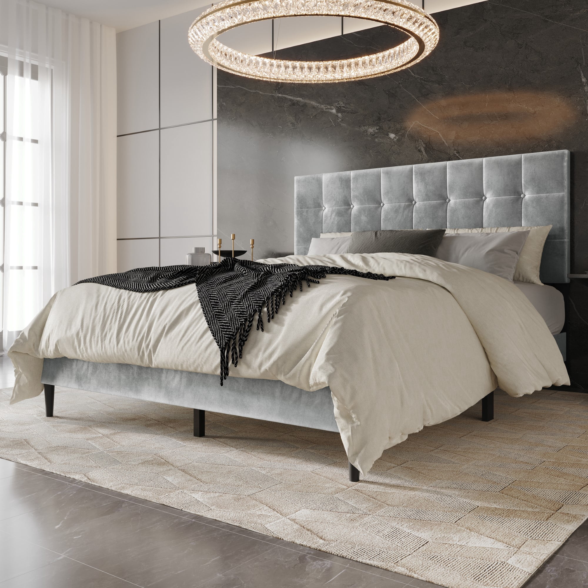 Home Design Marion King Tufted Upholstered Platform Bed Frame with Tufted Headboard and Plush Padding, Silver Gray, Easy Assembly