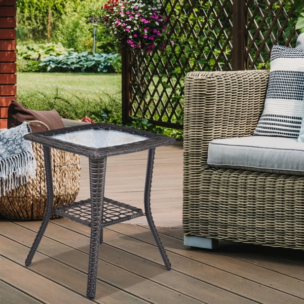 Alvantor Dark Gray Wicker Small Side Table 18 x 18 x 22.6 in Outdoor Patio End Table with Ripple Tempered Glass Top and Lower Shelf