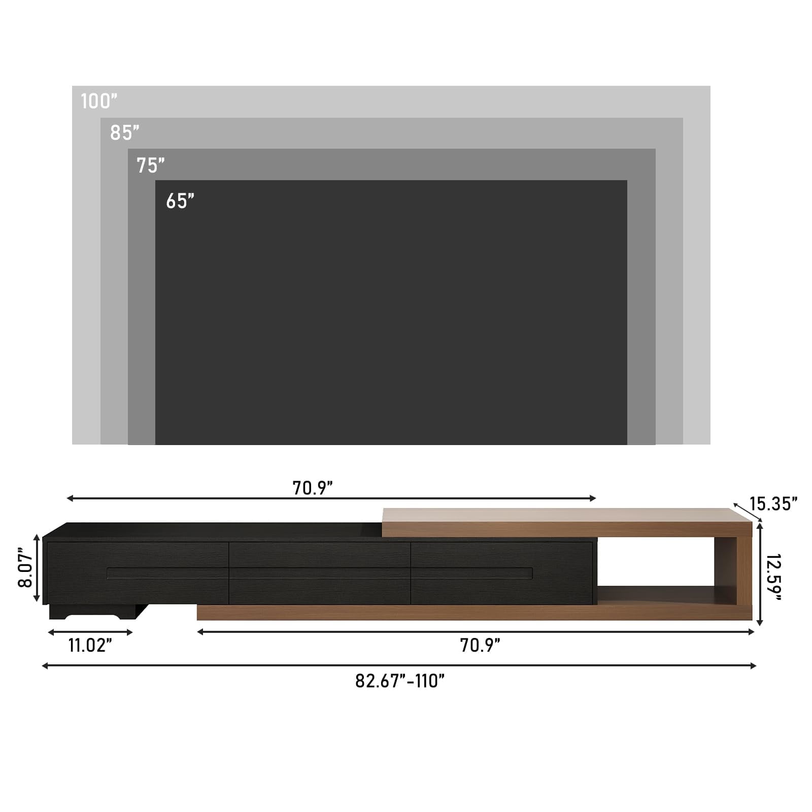 ChVans Extendable TV Stand for 85/100/120 inch TV, 82"-110" Wood Reversible TV Media Console with 3 Drawers, Modern Entertainment Center for Living Room,Bedroom, Black-Walnut