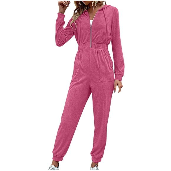 Hvobtty Women Full Length Jumpsuit Pants, Women Hooded Pocket Long Sleeves Zipper Hoodie Leisure Motion Jumps
