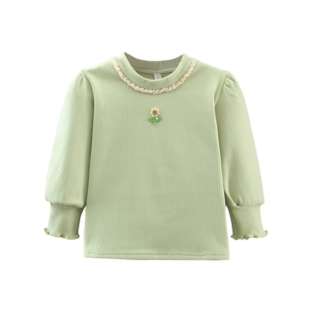 FAIWAD Toddler Girls Spring Embroidery Tops Long Sleeve Lapel Solid Color Basic Cotton Pullover Tops