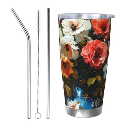 

Goofa Elegant Floral Vase Painting for 20 oz Skinny Tumbler Stainless Steel Coffee Mug Slim Vacuum Insulated Travel Cup Car Cup-Straw Three-piece Set