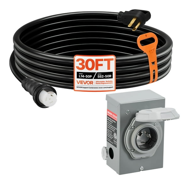 VEVOR 50 Amp Generator Cord and Power Inlet Box,30FT, 125V/250V STW 6/3   8/1 AWG Extension Power Cord, NEMA 14-50P to SS2-50R, Twist Lock Connector, Inlet Box Kit, for Generator to House, ETL Listed