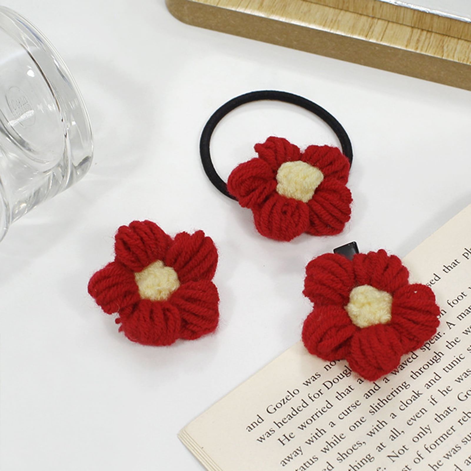 Farfi Flower Accessory Red Flower Design Decorative Woolen Yarn Girls  Knitted Hairpin Brooch Bracelet Hair Rope for Birthday Gift - Walmart.com
