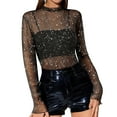 thumbnail image 2 of ZXSXSY Glitter Star Sheer Mesh Top for Women Short Long Sleeve Sexy Shirt See Through Clubwear Sparkly Tee Slim Blouse, 2 of 6