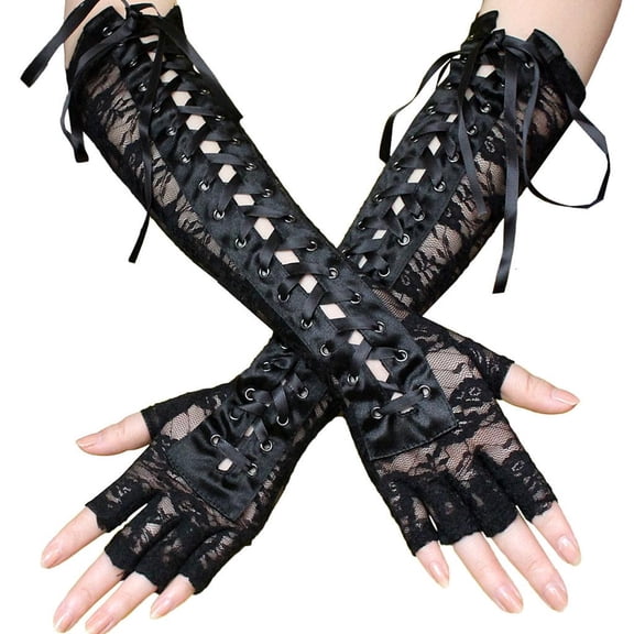 LICEWO Women Long Lace Fingerless Gloves Sunblock Bridal Ribbon Floral Mittens Opera Evening Wedding Tea Party Mittens