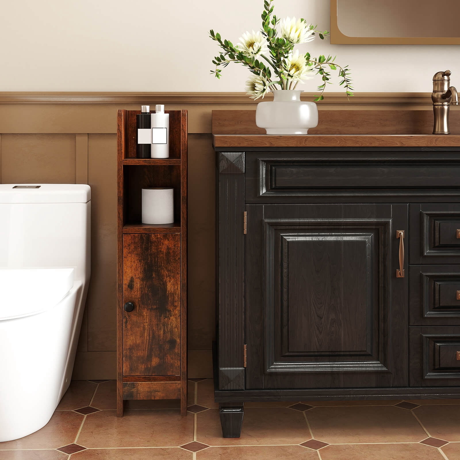 Costway Bathroom Storage Cabinet with Adjustable Shelf 1 Door & 2 Open Shelves Living Room Brown