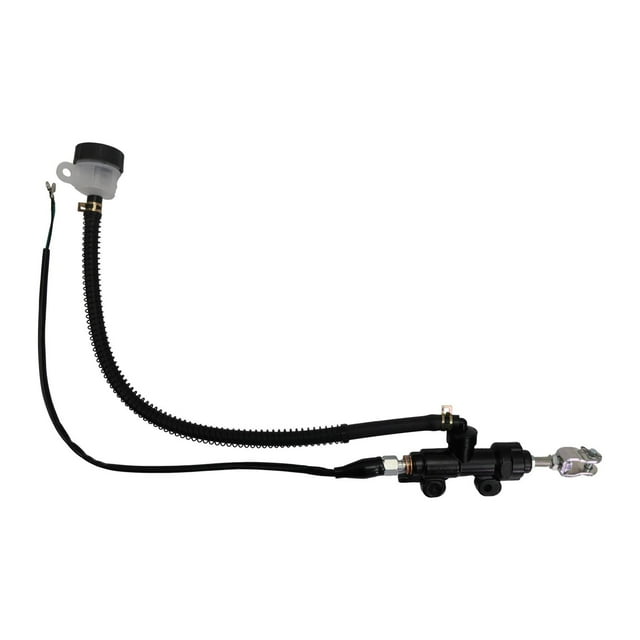 bomba freno trasera italika dm 250 (22-24) Cilindro maestro Roda compatible DM250 2022-2024; vista lateral centrada del conjunto con depósito plástico translúcido y tapa negra, manguera corrugada negra, cable con terminal, cuerpo metálico negro con salidas y extremo de palanca con clip metálico. Contenido: 1 pieza. Medidas: 10x10x10 cm. A menudo usado para reemplazo de cilindros maestros en mantenimiento de motos.