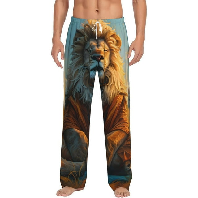 Kdxio Prairie Meditating Lion Pattern Men's Pajama Pants, Elastic Waist with Drawstring and Pockets, Comfortable Loungewear-Medium