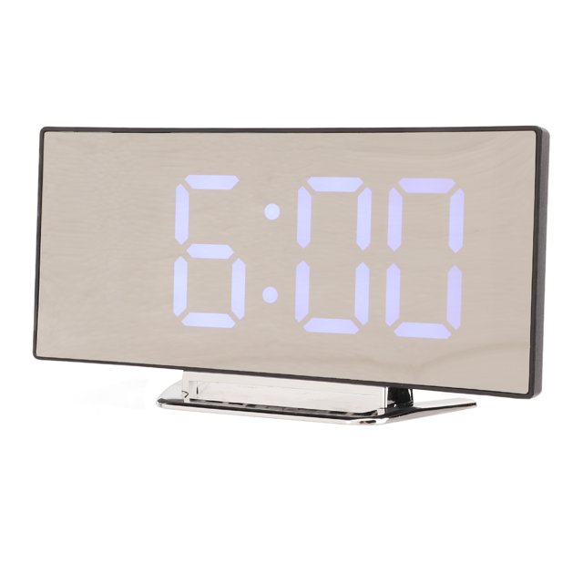 Horloge Numérique, Fonction Snooze 2 Modes d'Affichage Grand Écran LED : Niveau de Luminosité Th 2 Design Incurvé Miroir Réveil Numérique pour Décoration pour Maison LED Bleue