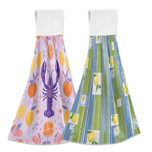 IAUYY Kitchen Hanging Towels Set of 2 100% Polyester Absorbent, Super Soft Hand Towels with Hanging Loops for Bathroom Kitchen Light Purple Lemon Daisy