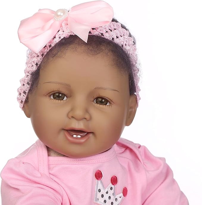 iCradle Finished 22 Inch 55cm Black Reborn Baby Doll Girl African American Realistic Reborn Toddler Dolls Lifelike Newborn Soft Cloth Body with Brown Eyes Babies Doll Gift Toy for Kids 3+