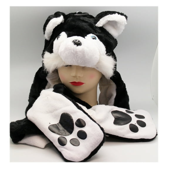 Black and White Blue-Eyed Wolf Plush Hat With Connected Paw Mittens