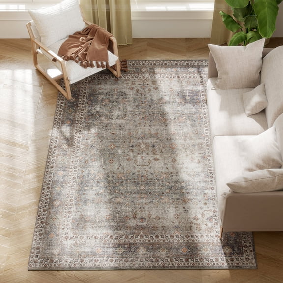 Area Rug, 5x7 Traditional Chenille Machine Washable Floor Carpet with Non-Slip Backing, Dark Mixed Brown for Living Room and Bedroom