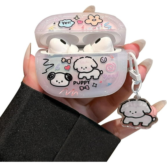 Cute Case for Airpod Pro 2 with Puppy Keychain Cartoon Animal Clear Protective Cover Compatible with AirPods Pro 2nd 1st Generation Case for Girls Women (Pro2 - White Dog)