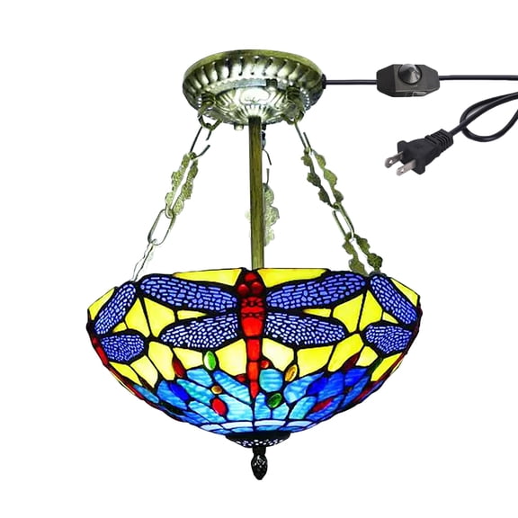 Kiven 11.8in Flush Mount Ceiling Light Fixture Dimmable, 2-Light Anti Glare Close to Ceiling Light with 15FT Plug-in Cord, Tiffany-Style Glass Chandelier for Bedroom Kitchen Hallway(No.3219)