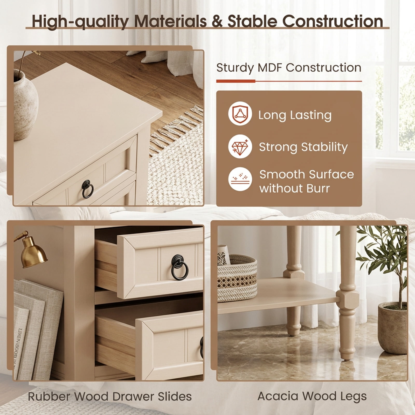 Furnibear Narrow Console Table with 3 Storage Drawers Open Bottom Shelf and Solid Wood Legs for Entryway Hallway and Living Room, Beige