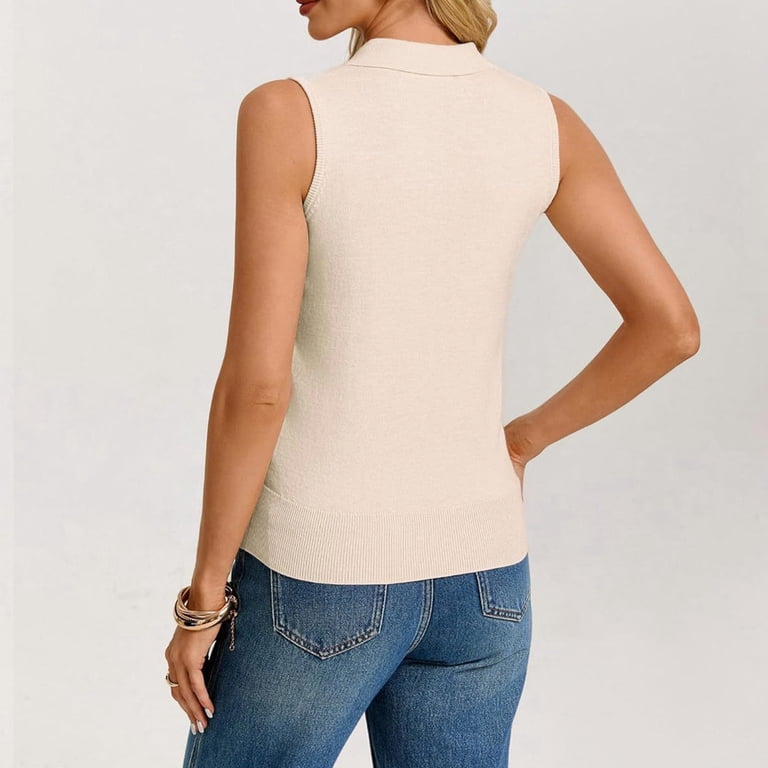 Women Summer Wool Blend Knit Tank Top, Sleeveless Polo Sweater