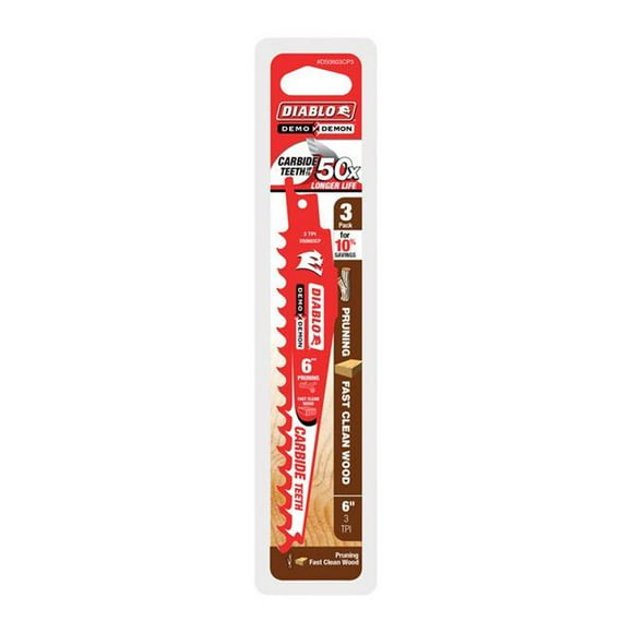 Diablo 2806750 Demo Demon 6 x 1 in. Carbide Tipped Reciprocating Saw Blade - 3 TPI, Red - Pack of 3