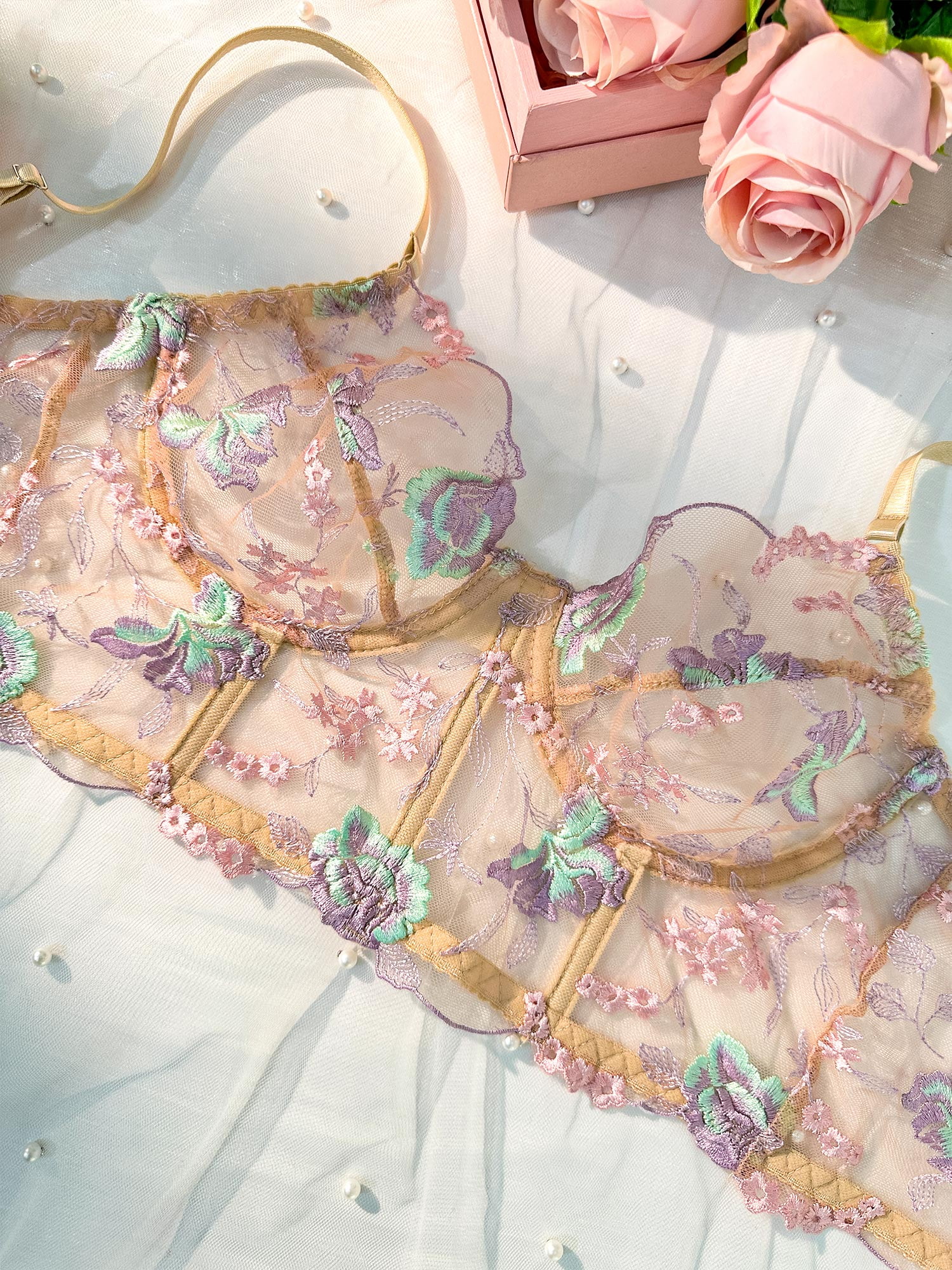 Champagne Floral Sexy Sheer Embroidered Lingerie Set (CHAMPAGNE, L)