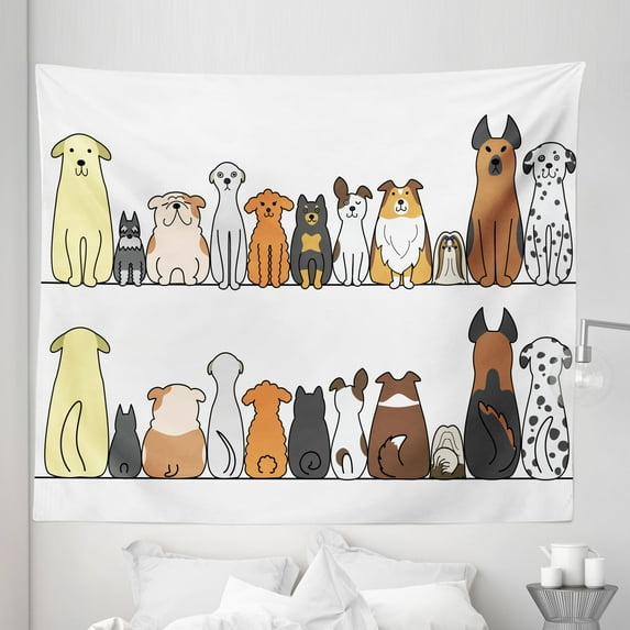Dog Tapestry, Multicultural Dog Family in a Row from Back and Front Views Companionship Comic Art, Fabric Wall Hanging Decor for Bedroom Living Room Dorm, 5 Sizes, Yellow Brown, by Ambesonne