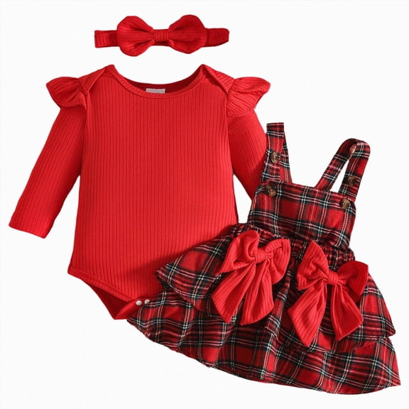 Kakishop Baby Toddler Girls Christmas Outfit 3 6 9 12 18 Motnhs Long Sleeve Romper with Bow Suspender Dress and Headband (Red,6-9 Months)