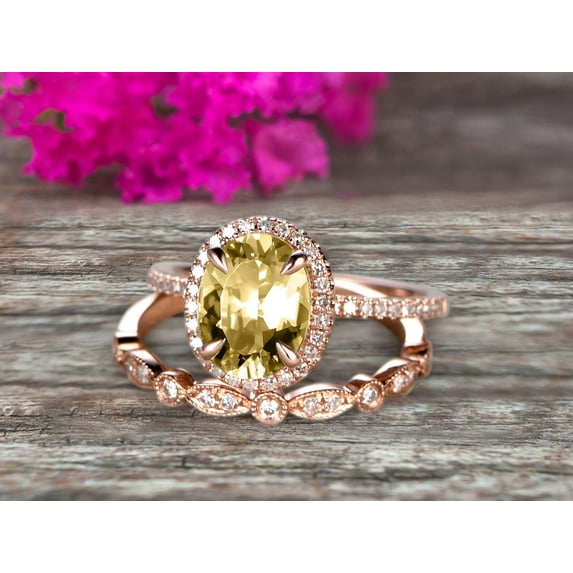 Milgrain 2.50 Carat 8x6mm Oval Cut Champagne Diamond Moissanite Wedding Set Bridal Ring On 10k Rose Gold Halo Art Deco Stacking Matching Band Glaring Shining Startling Staggering