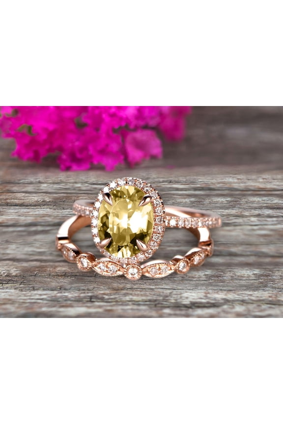 Milgrain 2.50 Carat 8x6mm Oval Cut Champagne Diamond Moissanite Wedding Set Bridal Ring On 10k Rose Gold Halo Art Deco Stacking Matching Band Glaring Shining Startling Staggering